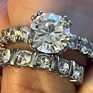 White Round Cut CZ  Engagement Wedding Ring Set In Silver Prong Eternity